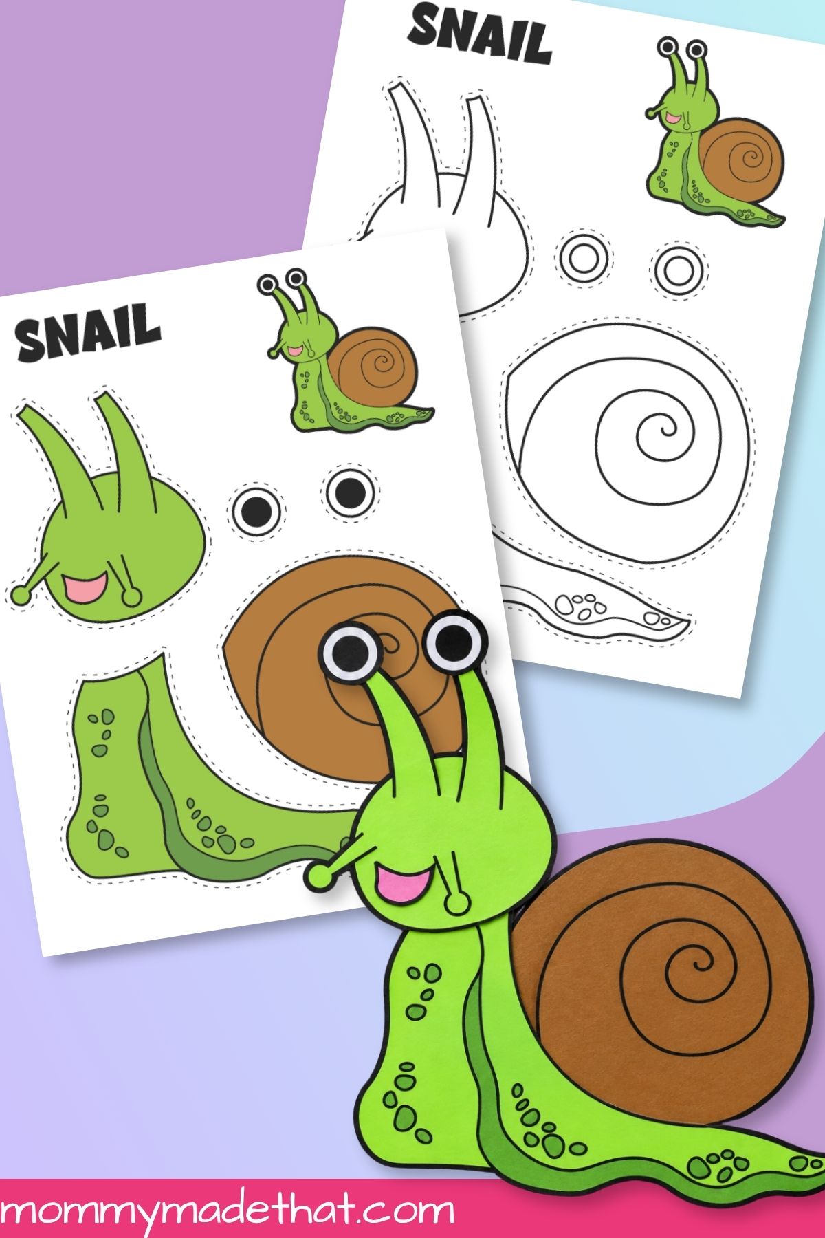 Snail cut and paste craft with colored and outline templates and assembled animal